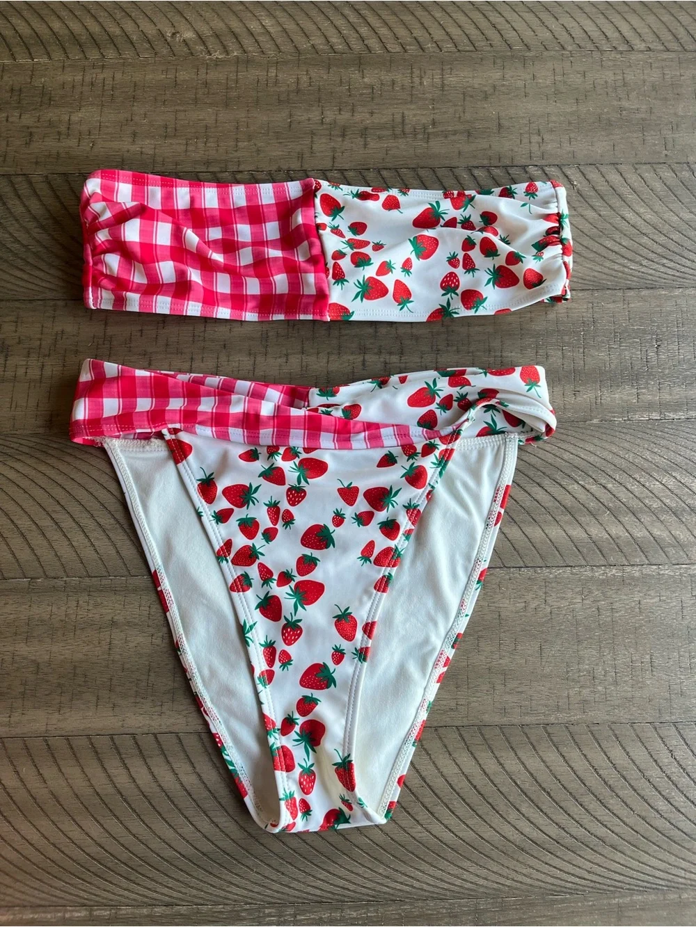 Nasty Gal Strawberry Gingham Mix Bikini Bandeau Top High-Waist Bottoms Size 6